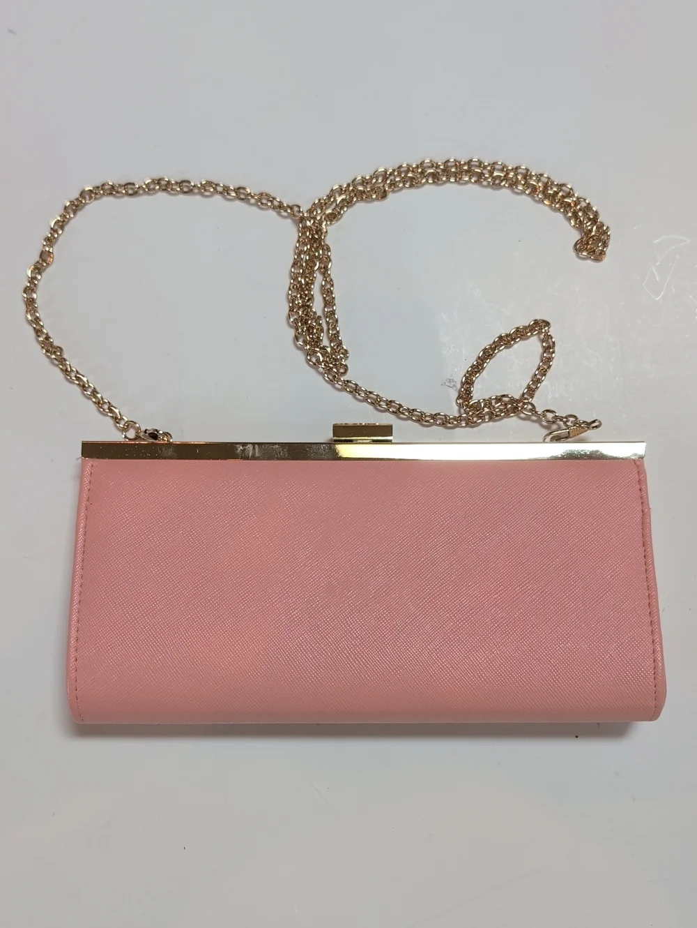 Jessica McClintock, Salmon Color Laser Cut Filigree Purse With Gold Background